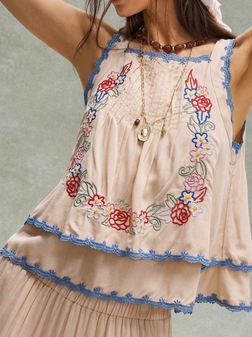Boho Floral Embroidered Tiered Sleeveless Tank Top - Picture 6 of 6